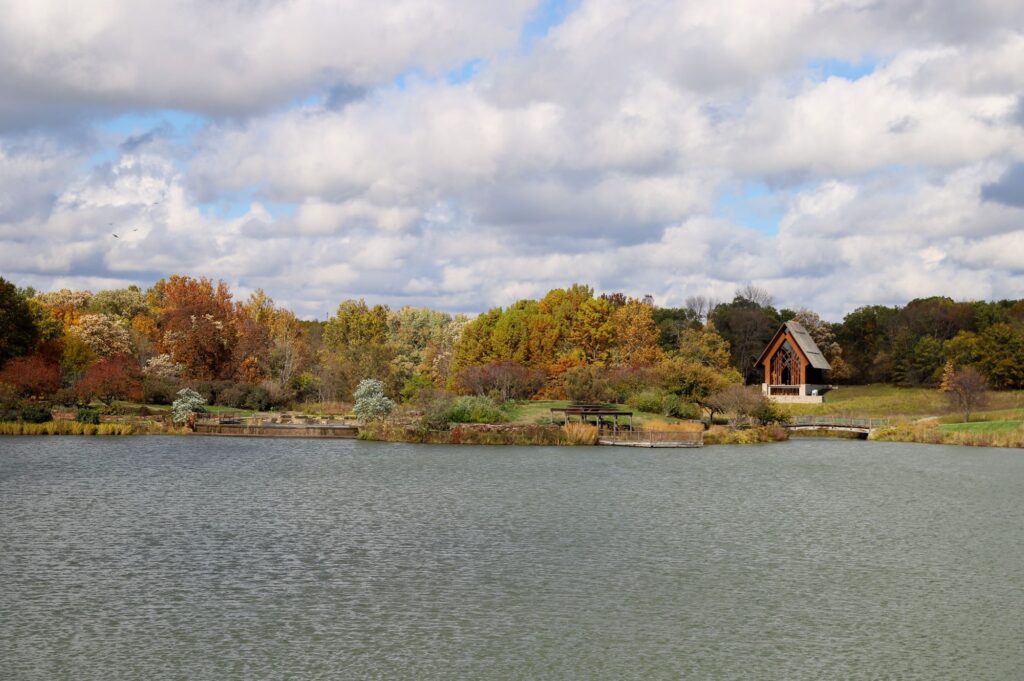 Distant view of the Marlese Lowe Gourley Island Garden and Marjorie Powell Allen Chapel