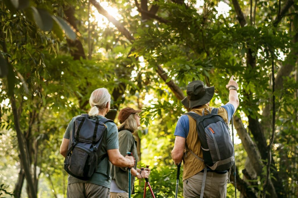 Three adults bird watching