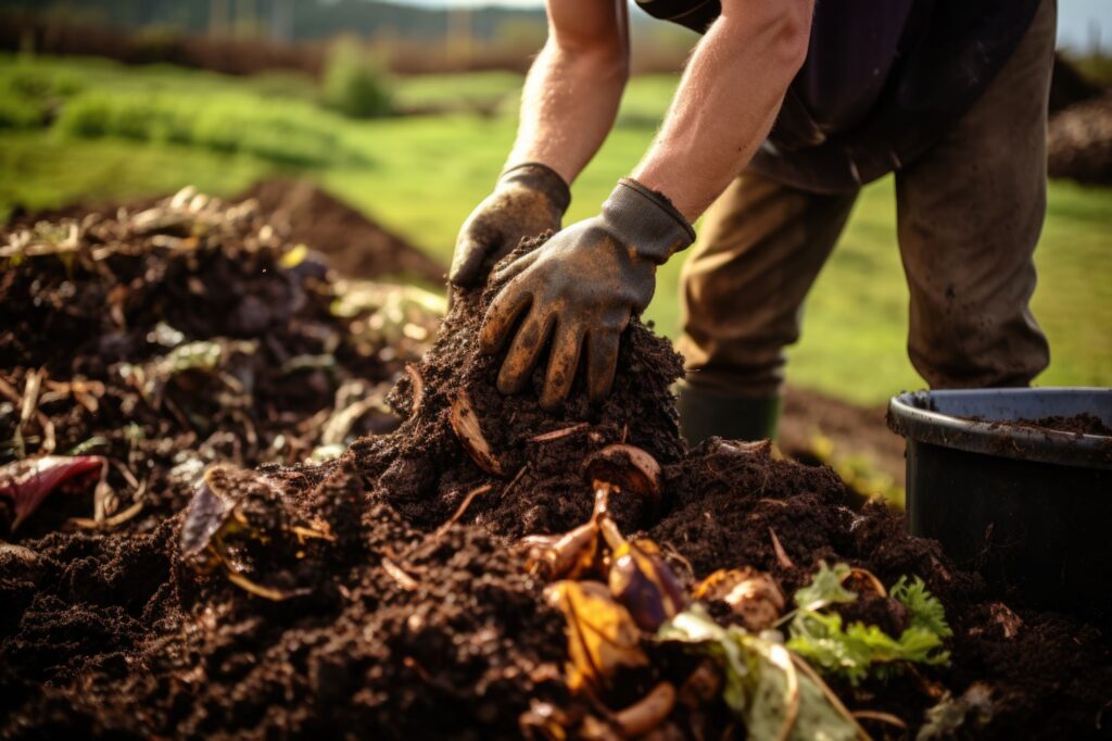 Image of gloved hands in a compost pile.